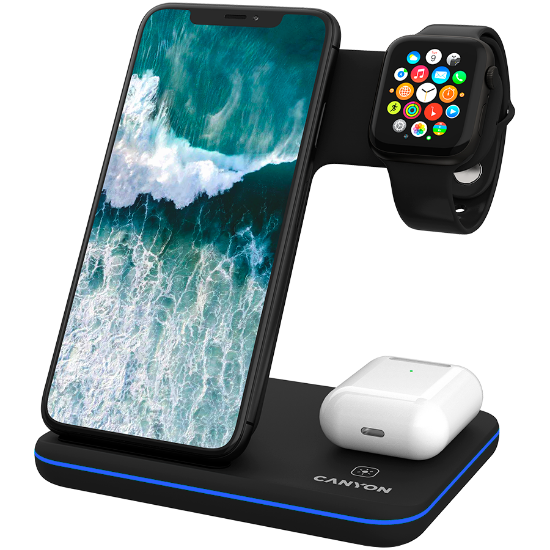 Slika CANYON WS-303 3in1 Wireless charger, with touch button for Running water light, Black