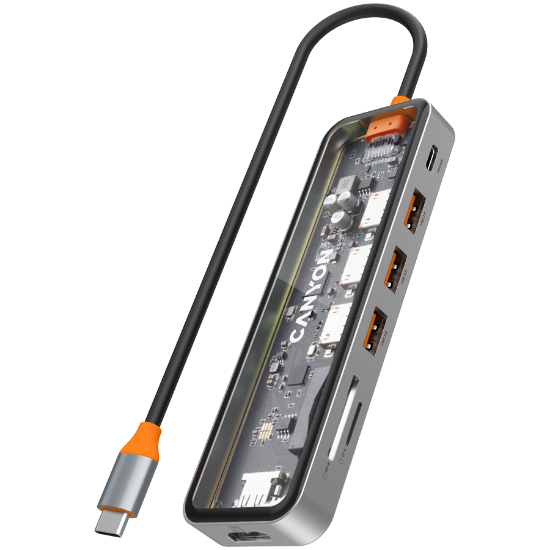 Slika USB Hub 3.0 3-port Canyon DS-13 7in1 4k USB-C Transparent Space Grey