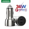 Slika USB auto punjač UGREEN 36W, 2×USB-C, PD3.0/QC3.0, sivi
