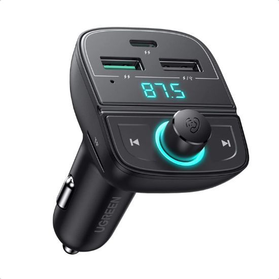 Slika USB auto FM transmiter i punjač UGREEN LED zaslon, BT, TF 128 GB, USB-C, 2x USB, Quick charge 3.0, crni