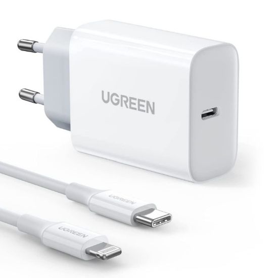 Slika USB punjač zidni UGREEN 20W, USB-C, PD3.0/QC4.0, bijeli + USB-C - Lightning kabel 1.0m