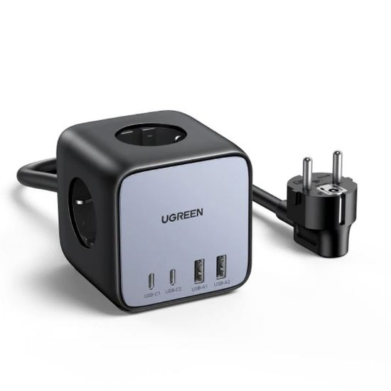 Slika USB punjač zidni UGREEN DigiNest Cube, 65W, 3x ŠUKO, 2x USB-C, 2x USB-A, 1.8m, crno sivi