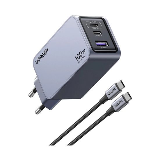 Slika USB punjač zidni UGREEN Nexode Pro Mini FC, 100W, 2x USB-C, USB-A, USB-C kabel, GaN, sivi