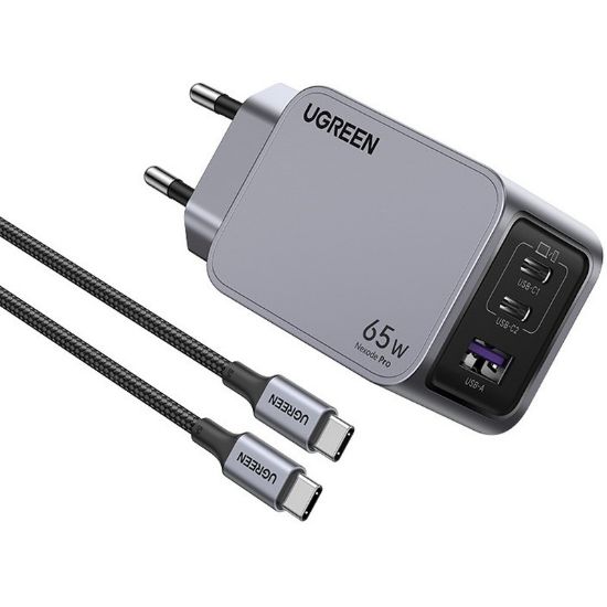 Slika USB punjač zidni UGREEN Nexode Pro, 65W, 2x USB-C, USB-A, USB-C kabel, GaN, sivi