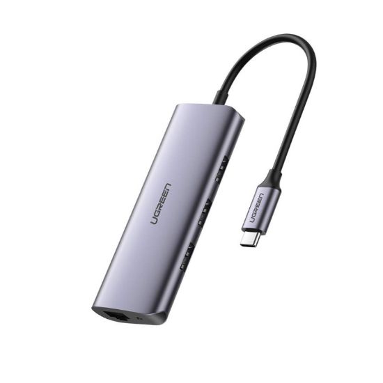 Slika USB Hub 3.0 3-port UGREEN, USB-C, 1xRJ45, sivi