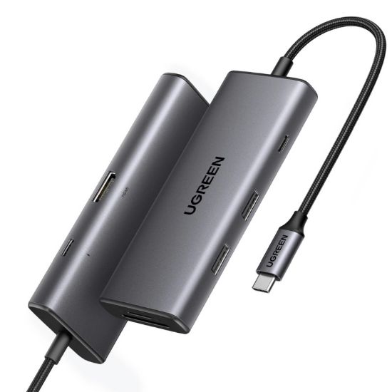 Slika USB Hub 3.2 2-port UGREEN 7-u-1 Hub, USB-C, HDMI 4K 30Hz, čitač kartica SD/TF, PD, sivi