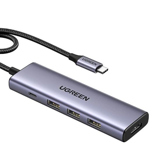 Slika USB Hub 3.2 3-port UGREEN 5-u-1 Hub, USB-C, 3xUSB-A, USB-C PD, HDMI 4K 30 fps, sivi