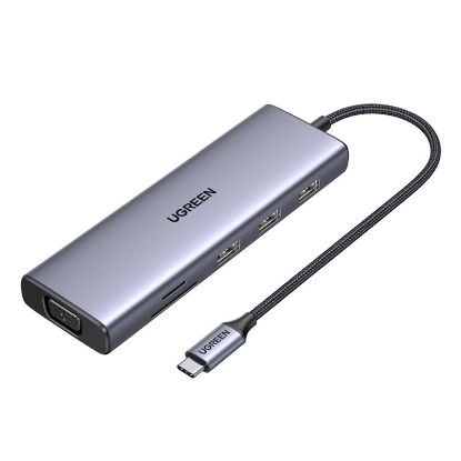 Slika USB Hub 3.0 3-port UGREEN 9-u-1, USB-C, HDMI 4K 60, VGA, PD 100W, RJ45, čitač kartica SD/TF