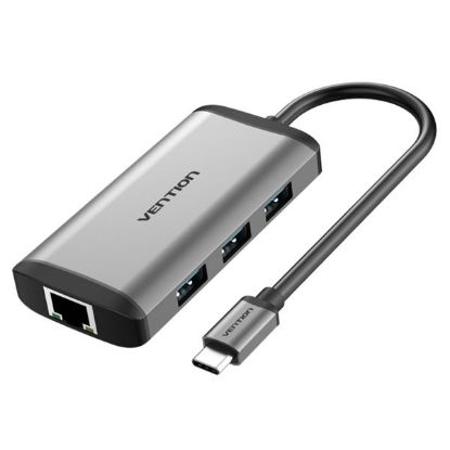 Slika Vention USB-C to HDMI, USB3.0 x3, RJ45, PD Dock, 0,15m Grey Metal Type