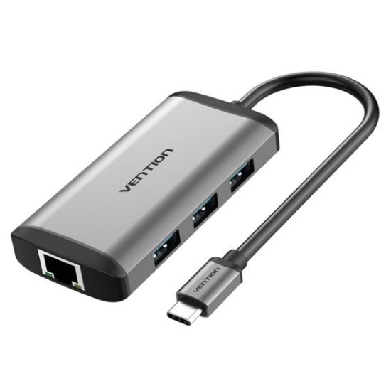 Slika Vention USB-C to HDMI, USB3.0 x3, RJ45, PD Dock, 0,15m Grey Metal Type