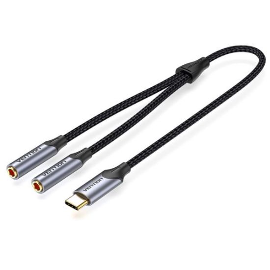 Slika USB-C na 2x 3.5mm, M/F Vention Earphone Adapter, 0.3m, Gray