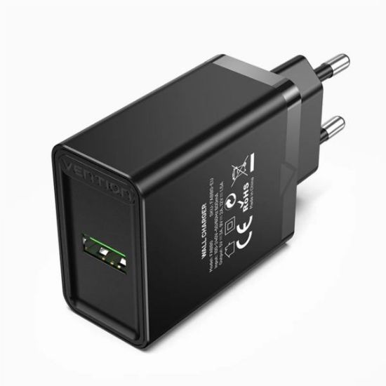 Slika USB punjač zidni Vention 1-port USB-A (18W) EU-Plug, Black