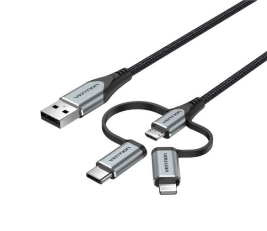 Slika USB 2.0 A Male to 3-in-1 Micro-B USB-C Lightning Male Cable Vention 1.5m, Gray
