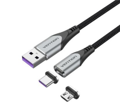 Slika USB 2.0 TIP A M to 2-in-1 Micro-B USB-C M, 2.0 m, Vention 5A Magnetic Cable, Gray