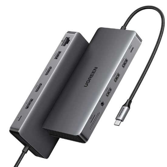 Slika USB Hub 3.2 4-port UGREEN 13 in1, USB-C na DP 4K 60, 2x HDMI 4K60, USB-C PD 100W, USB-C, 4x USB-A, RJ45, 3.5mm, SD/TF