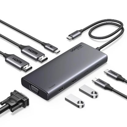 Slika USB Hub 4-port UGREEN 8 in1, Revdok, USB-C na HDMI 4K60, HDMI 4K 30, VGA, USB-C PD 100W, 2x USB-C, 2x USB-A