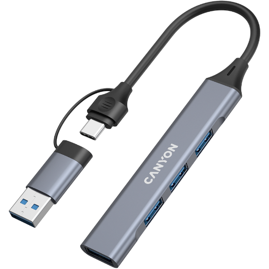 Slika USB Hub 3.0 4-port Canyon DS-02 4 in 1 HUB, USB-A/C, Grey